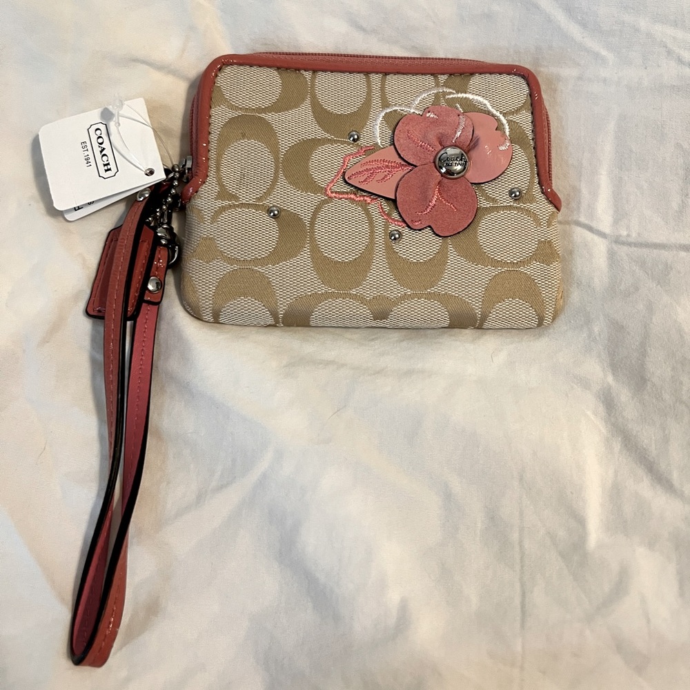 Coach wristlet Khaki with Pink trim